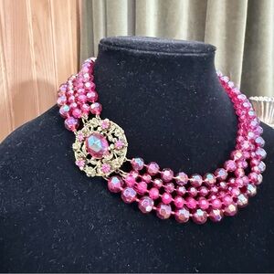 Vintage Selini Multi-strand  Fuscia Pink AB Lucite Beaded Necklace